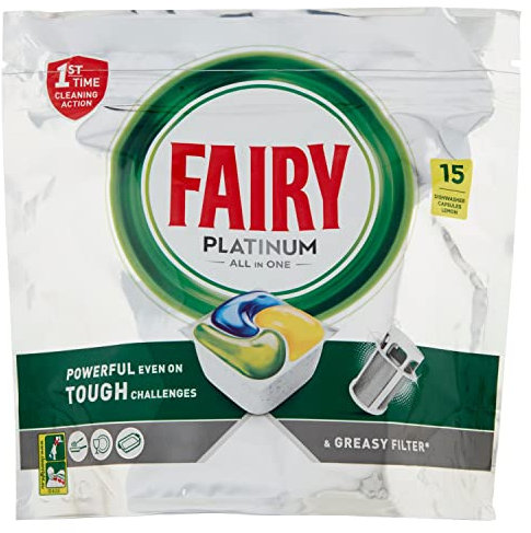 Fairy Platinum Tout-en-un Citron Capsules pour lave-vaisselle, 15 capsules, pour fides difficiles d'accès, nettoie les résidus de graisse dans le filtre