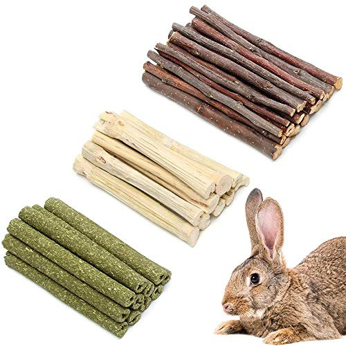 zfdg Pet Broyage Jouets, 3 Types Bâtons à Mâcher en Bois, Lapin Molaire Snack, Foin Bâton Animal, Bâtons Lapin, pour Bunny Hamster Chinchillas Guinée Pig Gerbilles à Mâcher (300g)