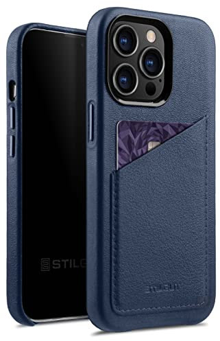 STILGUT Cover kompatibel mit iPhone 13 Pro Hülle mit Kartenfach, Case aus Leder, Kartenhülle - Dunkelblau Nappa