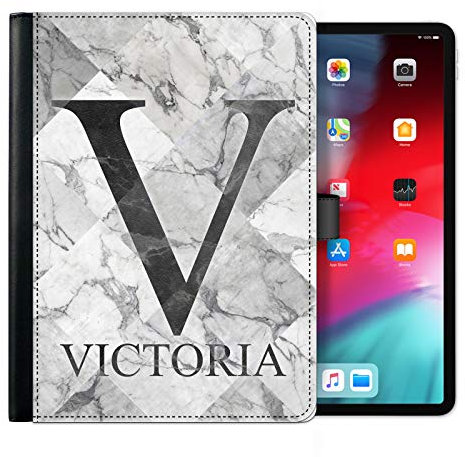Personalised Initial Case For All Apple iPad Models 10, 9, 8, 7, 6, Air 11, Pro 12.9,13 inch, Mini, Grey Marble Diamond Print with Custom Initial & Name, 360 Swivel PU Leather Side Flip Folio Cover