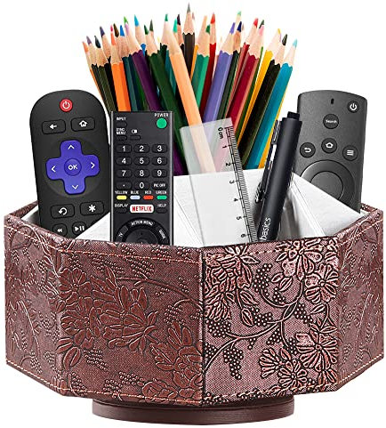 BLIENCE Octagon Remote Control Holder, 360 Degrees Rotatable Remote Caddy, PU Leather Desk Organizer with 9 Compartments Classified Storage TV Remotes, Media Controllers, Office Supplies,Art Supplies