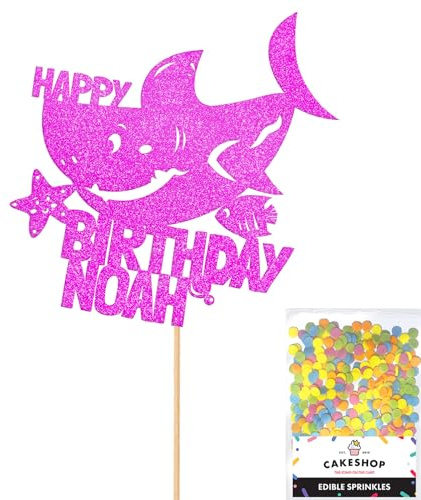 Personalised Birthday Shark Glitter Cake Topper- Pink Any Custom Name Glitter Cake Decoration and Sprinkles - Happy Birthday Decorations - Personalised Toppers for Cakes by Cakeshop