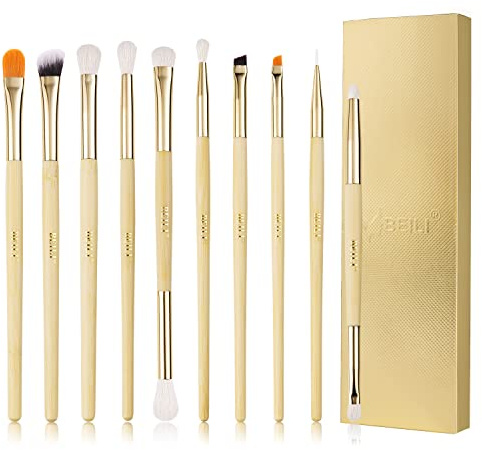 BEILI Lot de 10 pinceaux à fard à paupières, manche en bambou, pinceaux de maquillage professionnels pour les yeux, anti-cernes, eye-liners, estompeur de fard à paupières (or rose)