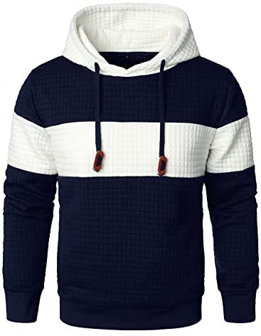 HOOD CREW Men’s Sweatshirts Long Sleeve Pullover Patchwork Plaid Jacquard Hoodie Casual Drawstring Hoody Top