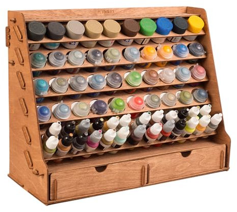 Plydolex Paint Organizer with 65 Holes of 2 Sizes - Wall-Mounted Wooden Craft Paint Storage - 16.3x6.6x12.6 inch