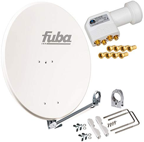 hb-digita & Fuba 80cm Satellitenantenne DAL 800W weiß Aluminium Schüssel Reflektor Spiegel Klapparm + HB-DIGITAL Quad LNB 4 Teilnehmer UHD weiß + vergoldete F-Stecker