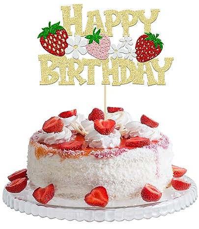Gyufise 1 décoration de gâteau d'anniversaire à paillettes sur le thème des fraises - Pour fête prénatale d'enfants - Doré