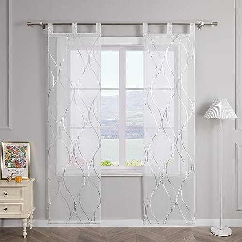 SCHOAL Schiebegardinen mit Schlaufen Transparente Schiebevorhang 2er Set Voile Gardinenschal Fensterschal mit glänzenden Wellen Muster BxH 57x225cm Silber