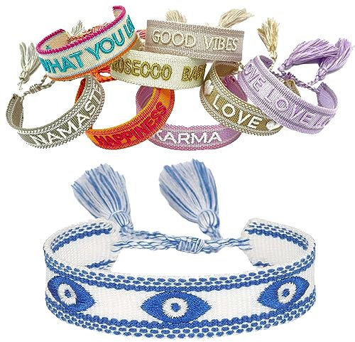 LS-LebenStil Exklusives Statement Armband Quasten besticktes Boho Canvas Webarmband (Nazar Boncuk Talisman Blau)