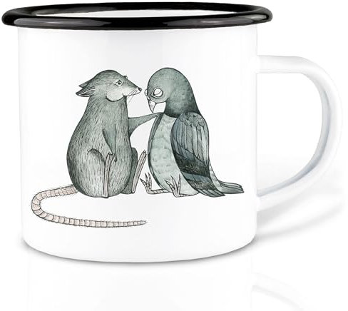 Ligarti Emaille Tasse (leicht & robust) | Camping Becher handveredelt in Deutschland | Trinkbecher für Kinder, Kaffeetasse, Emaillebecher | Ratte, Taube