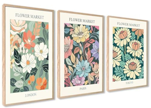 Stilvolles Blumen Bilder Set | 3 Stück 50x70cm mit RAHMEN HOLZ | Flower Market Vintage Poster Set | Wohnzimmer Wall Art