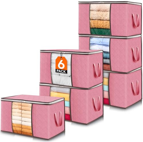 Lifewit 6 Packs Clothes Storage Bag, Storage Bins for Clothes, Blankets, Comforters, Foldable Clothing Storage with Reinforced Handle, Sturdy Zipper, Closet Organizer With Clear Window, Pink