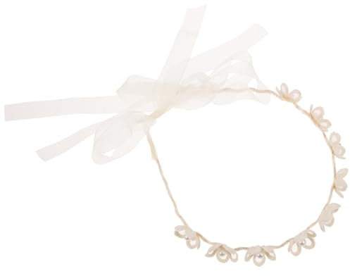 minkissy Flower Girl Crown White Pearl Flower Bow Headwear Lace Floral Headband with Ribbon for Flower Girl Women Brides Wedding