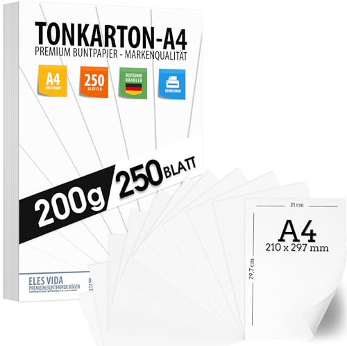 Druckpapier 200 g/m2 A4-250 Blatt - PREMIUM PAPIER Schneeweiß - DIN A4 - Druckerpapier Weiß unbedruckt - Fotopapier matt, Briefe, Pappe, Präsentationen Bogen, TONKARTON, Scrapbooking, Kopierpapier