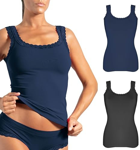 Risalti Canotta Donna Pizzo Letizia 2 pz - Intimo Donna Seamless, Canottiera Donna Intimo Microfibra più Morbida della Canottiera Donna Cotone Senza Cuciture - Made in Italy