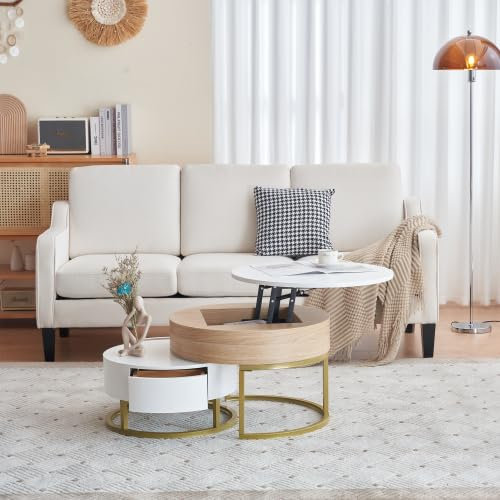 SogesHome Satztische 2 er Set, Runder Couchtisch Beistelltisch Kaffeetisch, Goldener Satztisch, Hochklappbare Couchtischkombination, Beistelltisch mit Zwei Schubladen, 2-teiliges Set