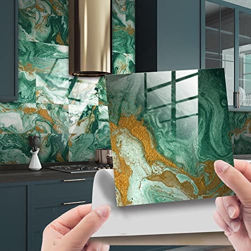Green Gold Marble Self Adhesive Stickers - 20x20cm Vinyl Stick On Tiles - Waterproof, Oil-Proof - Kitchen & Bathroom Decoration (10 Pcs)