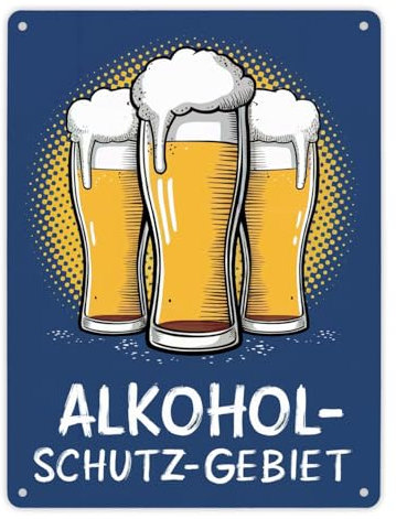 Alkohol-Schutzgebiet mit drei Biergläsern Metallschild XL in 21x28 cm Alkohol-Schutzgebiet Blauer Hintergrund mit Biergläsern - Bier mit Schaum auf blauem Schild