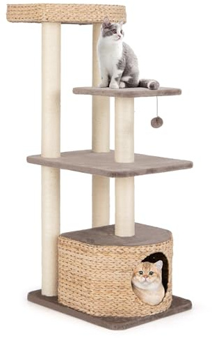 COSTWAY Kratzbaum mit Katzenhöhle, 131 cm hoch, Katzenbaum mit Plattformen & Ball & Sitzstange und Kissen, Kletterbaum aus Rohrkolben & Sisal, Katzenkratzbaum Katzen Klein, Kaffee+Natur
