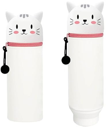DGTSYAL Kawaii Federmäppchen, mäppchen, 2-in-1 Weiche Silikontasche, Cartoon Federmäppchen, Stand Up Federmäppchen, Stifte Mäppchen, Stifthalter Bleistifttasche Mädchen Junge (Weiße Katze)