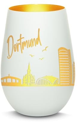 Gravur-Max Windlicht mit 360° Gravur Skyline Dortmund Deko Glaslicht als tolles Geschenk mit Einer hochwertigen Lasergravur zu jedem Anlass in der Farbe Weiß/Gold