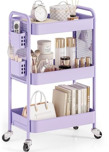 Urackify Storage Trolley on Wheels for Variety Applications, 3 Tier Trolley with Extra DIY Pegboards,Handing Bins, and Hooks for Living Room, Kitchen, Bathroom, Office, Classroom, purple