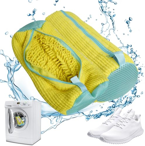 Sacchetti per Scarpe Lavanderia 2 Pezzi, Sacchetto Scarpe Borse per Bucato, Borsa da Biancheria per Scarpe con Cerniera per Proteggere le Scarpe, Pulizia Efficiente, Riutilizzabile e Resistente-Giallo
