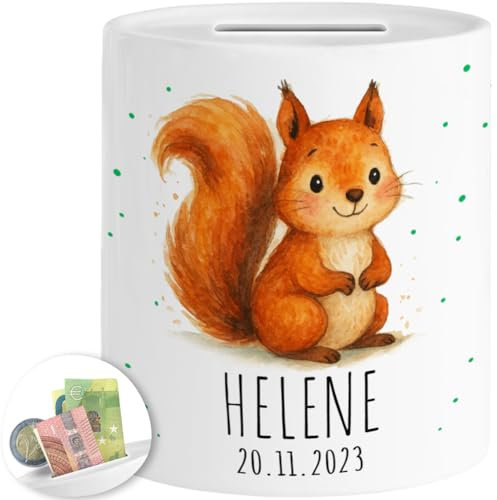 Tassenliebling® Spardose Eichhörnchen personalisiert Name, Datum - Spardose Kinder mit Tiermotiv - Kinderspardose Mädchen Jungen - Sparschwein, Sparbüchse Geburtstag, Weihnachten, Geburt