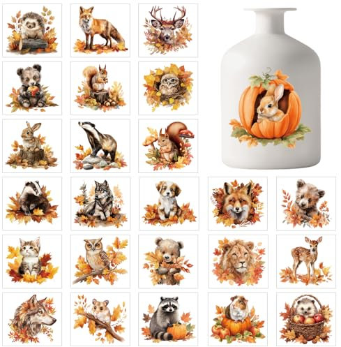 GLOBLELAND 25 Sheets Autumn Animals Thanksgiving Colorful Adhesive Lantern Stickers Forest Animals Decal Stickers Pumpkin Maple Leaves Lantern Jar Sticker for Glass Cup Vase Art Home Decor