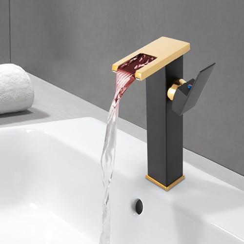 Robinet cascade LED en acier inoxydable 304 3 couleurs changeantes Robinet de lavabo avec capteur de température Haute Salle de bain Mitigeur de lavabo chaud et froid (Noir + Or)