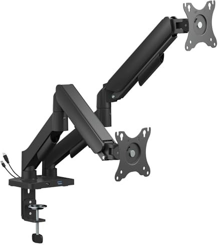 AV:Link | Dual Full Motion Gas Spring Monitor Arms with USB Hub | Adjustable Desk Mounts for 17-32 Screens | VESA Compatible | Clamp or Grommet Fitting | Cable