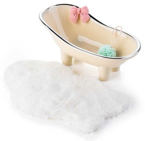 Puppenhaus Badewanne, 1:12 Weiße Miniatur Badewanne mit Blauem Badeball und Teppich, Puppenhaus Badezimmermöbel als Heimdekoration-Zubehör (Weiß)