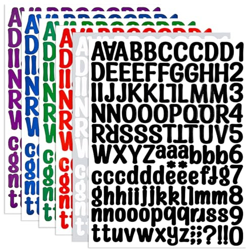 BINLINHONGO 756 Self-Adhesive Letters Number Stickers, 6 Sheets 1 Inch | Vinyl Letter Sticker Decals for Scrapbooks, Water Bottles, Signs, Holiday Parties -Multicoloured