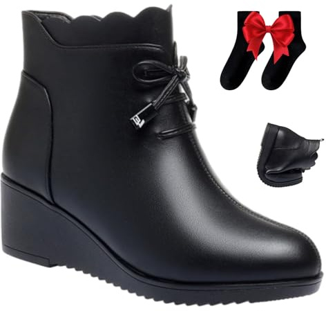 Botines ortopédicos de piel auténtica con cordones para mujer, con plataforma de cuña, botas de invierno cálidas con cremallera lateral y forro de piel