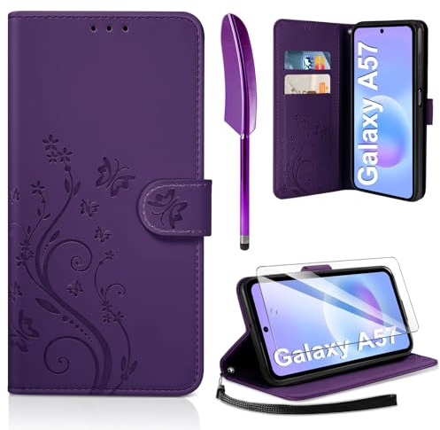 AROYI Lederhülle für Samsung Galaxy A57 5G Hülle und Schutzfolie | Dunkel Violett Flip Wallet Handyhülle PU Leder Magnet Ständer Tascher Kartenfach Case Schutzhülle