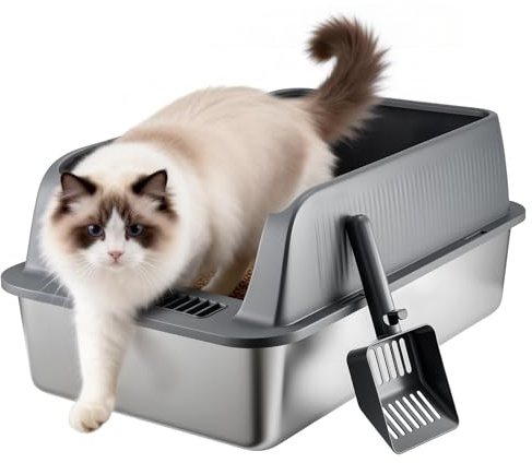 LN COZY CORNE XL Stainless Steel Cat Litter Box, Large Metal Litter Tray with Lid, 58x38x28cm Jumbo Enclosed Box for Big Cats & Multi-Cat Households, Non-Stick Easy Clean, Includes Scoop (Dark gray)