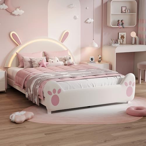 ADWOLT Kinderbett 140x200 cm mit Hasen-Design, Polsterbett mit LED-Hasenohren et Klett-Gesichtern, Mädchen Bett mit DIY-Stoffaufkleber et Stauraum, Prinzessin Bett Rosa mit Lattenrost,Rosa