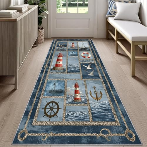 Rustic Cabin Nautisch Teppich Läufer 60x200cm, Anker der Leuchtturm Teppichläufer, Nautisches Thema Küchenläufer, rutschfest Teppich für Wohnzimmer, Flur, Küche, Eingang, Esszimmer