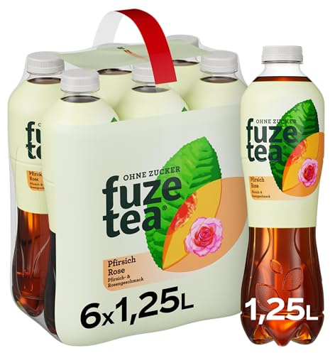 Fuze Tea Zero Schwarztee Pfirsich-Rose, Einweg Flasche, 6 x 1250 ml | Zuckerfreies Erfrischungsgetränk mit Schwarztee und Pfirsichgeschmack, Tee aus nachhaltigem Anbau