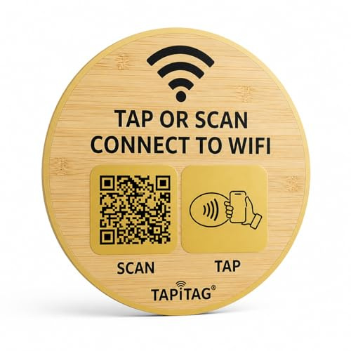 TAPiTAG WiFi Porter – Acceso Fácil al WiFi con NFC y Código QR – Toca o Escanea para Conectarte – Cartel Adhesivo con Perfil Digital Personalizable – Sin App (Bambú negro y dorado, 120mm)