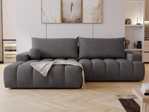 GRAINGOLD Havi Ecksofa 270x170 cm, L-Form Sofa, Ecksofa für Wohnzimmer, Veloursstoff, 4-Sitzer Eckcouch, Ecksofa mit Stauraum nd Bettfunktion, Modernes Design (Graphit, Links)