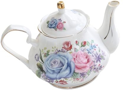 Tetera de cerámica elegante con estampado floral, borde dorado, ergonómico, adecuada para regalar tetera de cerámica