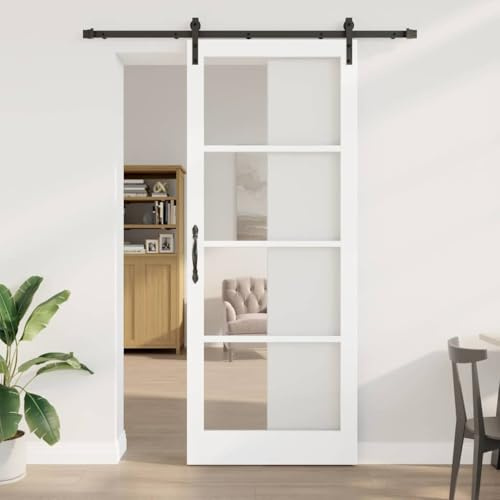 Tonture Schiebetür ORKDAL Weiß Schwarz 93 x 232 cm Massivholz Kiefer Glas Innenbereich mit Gleitschiene und Rollen für Wohnzimmer Schlafzimmer Küche platzsparend funktional