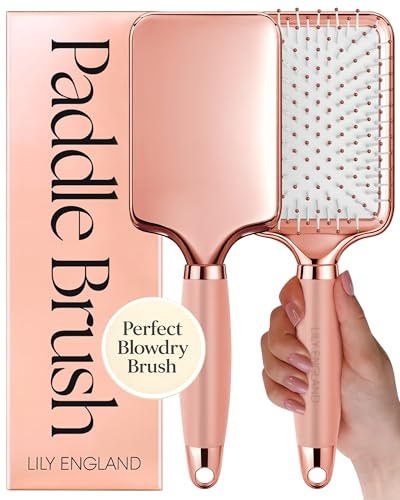 Lily England Paddle Hair Brush for Women with All Hair Types - Professional Hairbrush for Blow Drying, Detangling & Straightening - Smooth Brush with Gel Handle for Easy Grip, Rose Gold-White