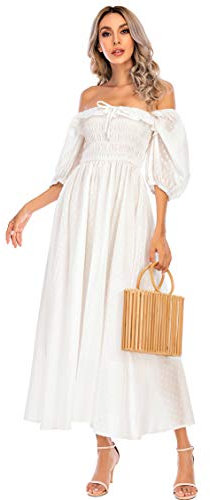 R.Vivimos Women's Polka Dot Slim Fit Half Sleeve Dresses Square Collar Long Midi Dress(Medium,White)
