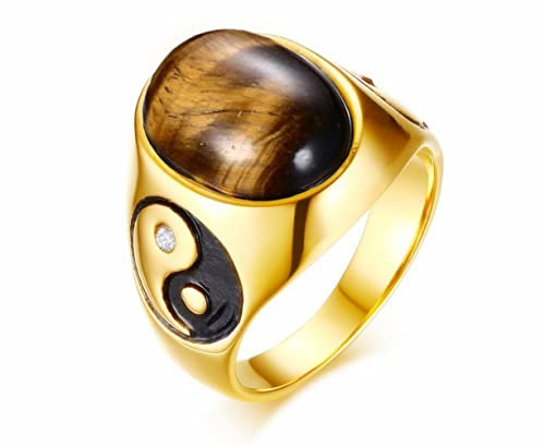 LAFATINA Biker Tai Chi Yin und Yang Ringe Herren Daumen Siegelring Edelstahl Bandring Siegel Ringe Tigerauge Stein Tai Chi Klasse Ringe