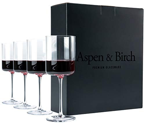 Aspen & Birch - Moderno set di 4 bicchieri da vino rosso o bianco, calici di cristallo premium, stelo lungo, 425 g, vetro soffiato a mano artigianale