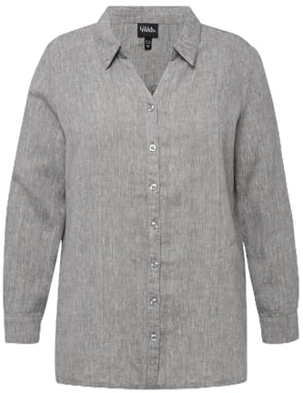 Ulla Popken Damen große Größen Übergrößen Plus Size Bluse, Leinen, offener Kragen, Langarm hellgrau-Melange 54+ 794882134-54+