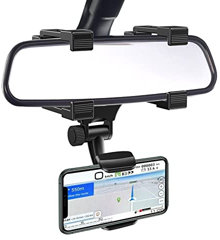 VAGURFO Soporte de teléfono para espejo retrovisor, soporte para teléfono de coche con giro de 270° y clips ajustables, soporte universal para smartphone, color negro