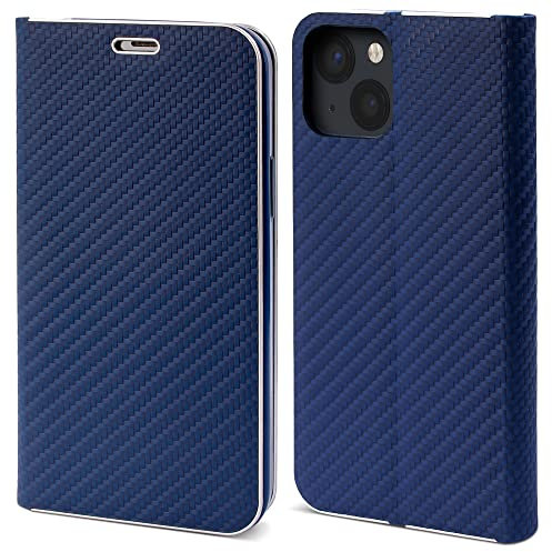 Moozy Hülle für iPhone 13 / iPhone 14, Dunkelblau Carbon – Metallischer Kantenschutz Klapphülle Handyhülle mit Kartenfach und Standfunktion